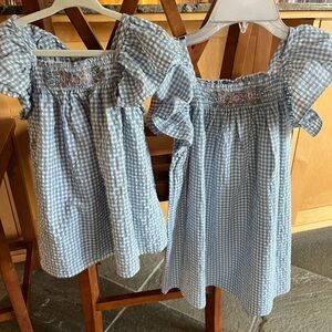 18M and Size 5 Blue Gingham Smocked Dresses - Matching Sister Dresses